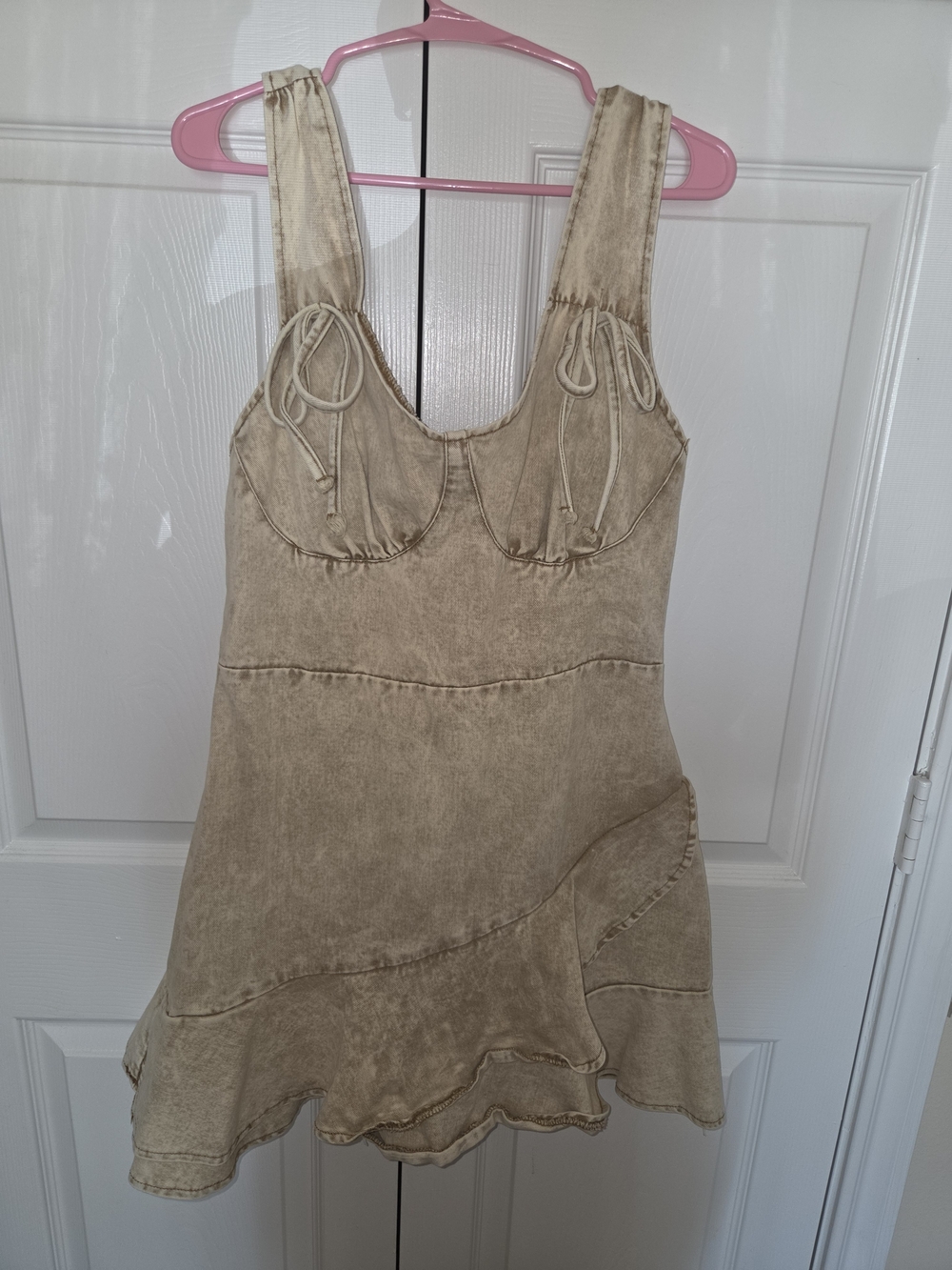 Beige Scoop Neck Tank Top with Ruffle Hem